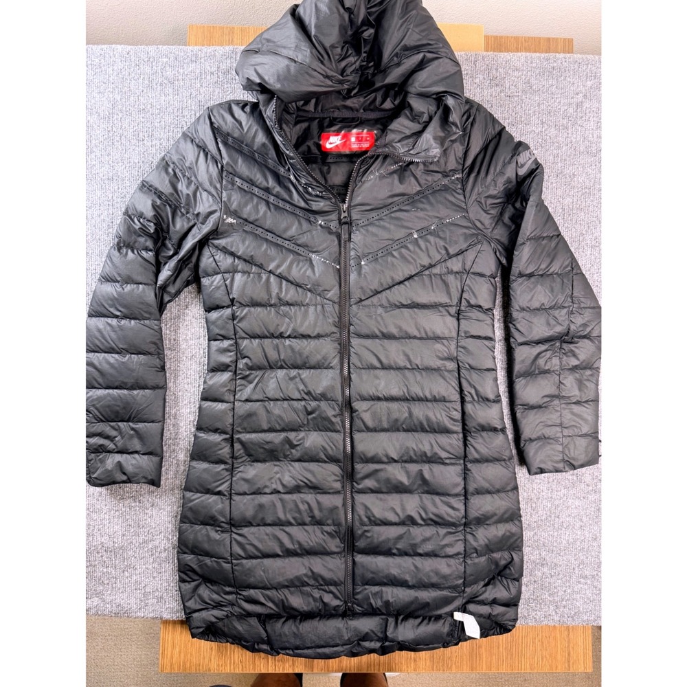 Nike Aeroloft Womens Small Black Down Puffer Jacket Hooded Parka 854744-010 Long